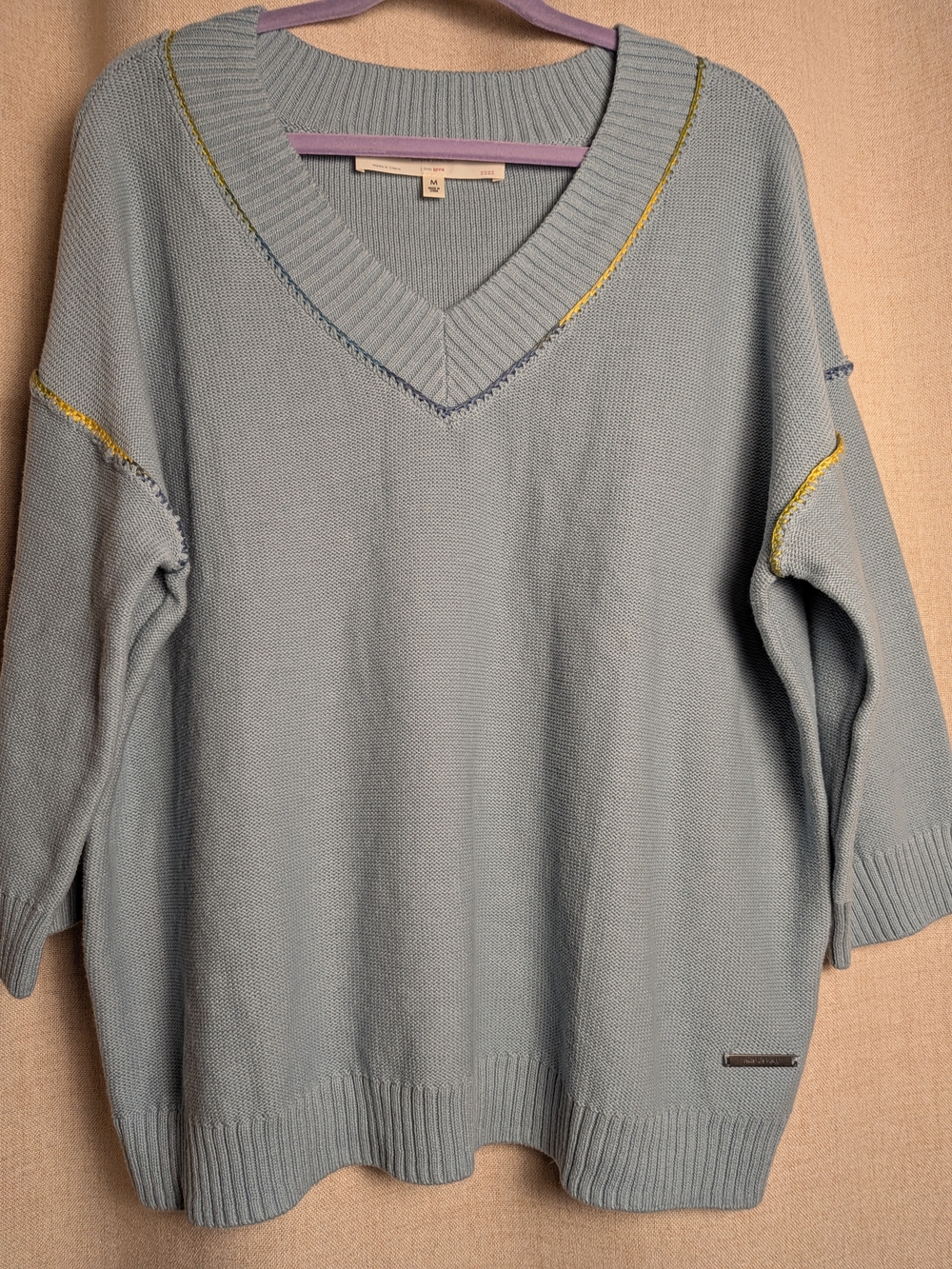 100% Cotton Pale Blue V-Neck Sweater with Yellow Contrast Stitch